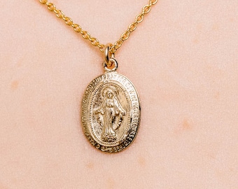 Gold Miraculous Medal Necklace, Virgin Mary Pendant, 16 inch Chain