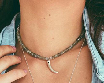 Moss Aquamarine Choker, Sterling Silver Tusk Pendant Necklace