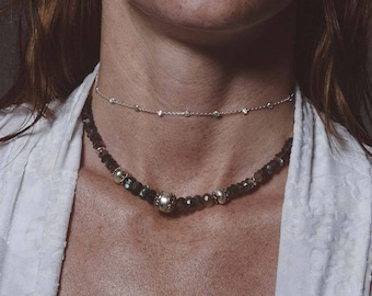 Labradorite Gemstone Choker, Silver Beaded Necklace