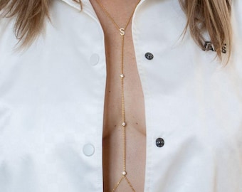 14K Gold Diamond Body Chain, Custom Initial, Zodiac Symbol