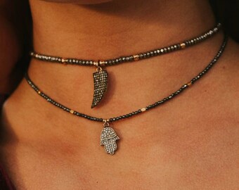 Gunmetal Hamsa Choker, Pave Diamond Charm, Hematite Beads