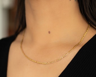 18k Gold Plated Figaro Chain Necklace, Stainless Steel