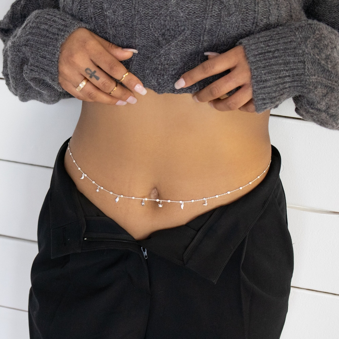 Silver Belly Chain With Charms, 18k Silver Belly Chain, Silver Belly
