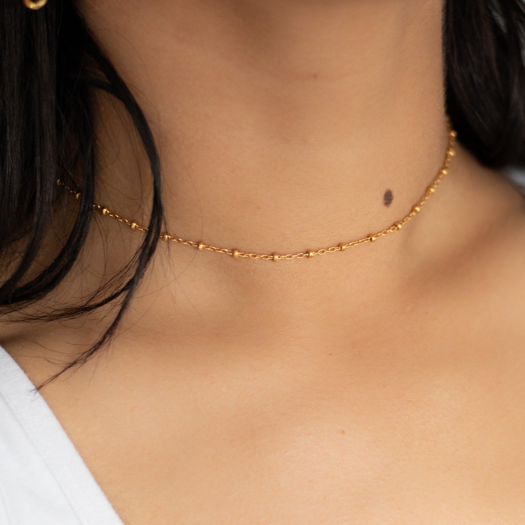 18k Gold Vermeil Choker, Gold Beaded Choker, Gold Chain