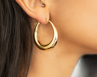 18k Gold Plated Chunky Hoop Earrings, Graduated Tube