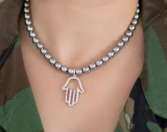 Hamsa Kristall Anhänger Halskette, Hämatit Edelstein Choker