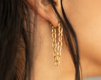 Gold Chain Dangle Studs, Stainless Steel, 1.5 inch