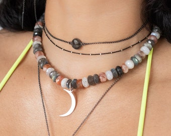 Sterling Silber Halbmond Halskette, mehrfarbiger Mondstein Choker