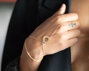 Gold Vermeil Layered Hand Chain Bracelet, Open Circle Talisman