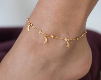 Gold Vermeil Charm Anklet, Satellite Chain, Custom Charms