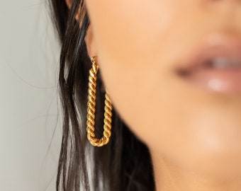 Gold Twisted Hoops, Rectangular Hoops, Large Gold Hoop Earrings, Hoop Earrings Gold, Thick Gold Hoops, Gold Plated Hoop Earrings