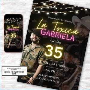 Puede incluir: Una invitación a una fiesta de cumpleaños con fondo negro y diseño en amarillo y rosa neón. La invitación presenta una foto de tres hombres con sombreros de vaquero y camisas de camuflaje. El texto de la invitación dice: "Por favor, únase a nosotros para celebrar La Toxica Gabriela que cumple 35 años el 25 de abril de 2024 de 7:00 PM a 11:00 PM 123 Anywhere St. Any City, ST 12345".
