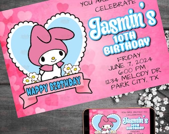 May include: Pink and blue birthday invitation with a cartoon character of Hello Kitty in a heart-shaped frame. The invitation says "You are invited to celebrate Jasmin's 10th Birthday" and includes the date, time, and location of the party.