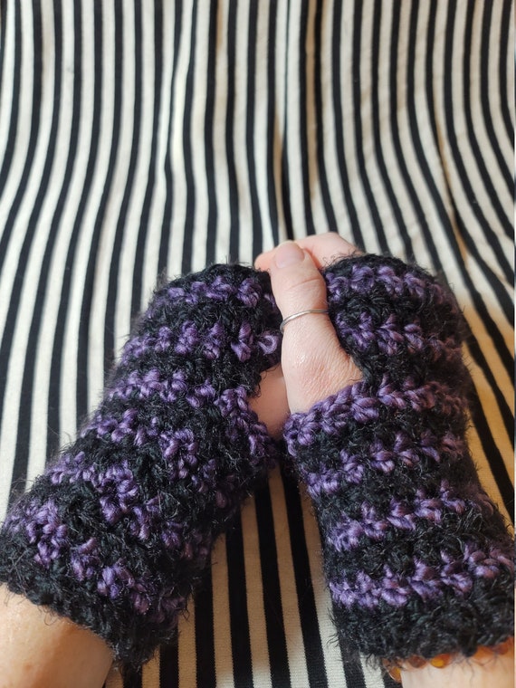 Crochet Fingerless Gloves Black and Purple Stripes