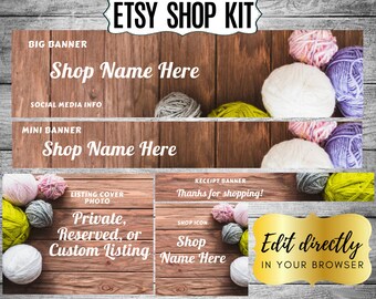 shop icon receipt banner mini banner Yarn Etsy Shop Set Kit complete with big banner and two fonts! listing cover photo