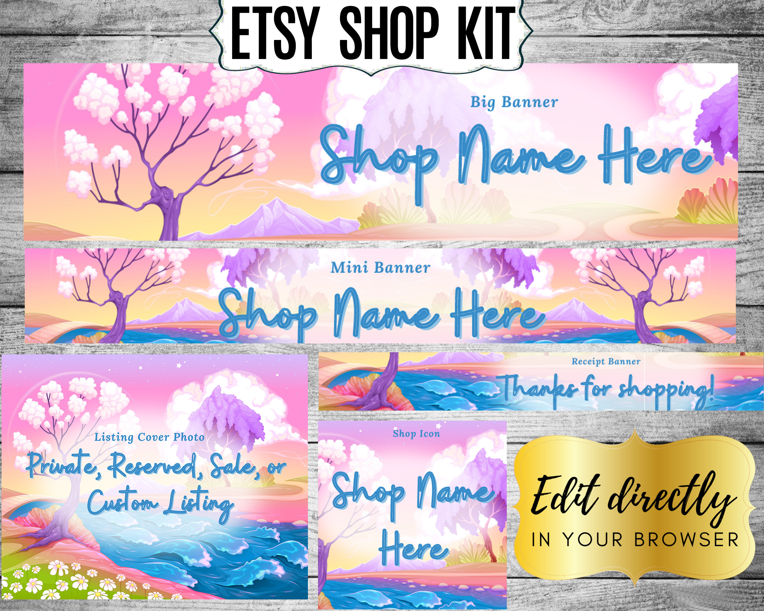 mini and receipt banners; listing cover & shop icon Bohemian Unicorn Etsy Shop Banner Set w big Magical beautiful horned majestic horse