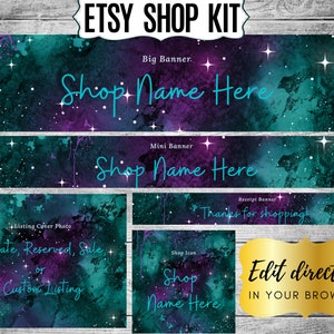 Dark Sky Diamonds Etsy Shop Banner Set w/ big, mini, and receipt banners; listing cover & shop icon- blue green purple star galaxy sparkle