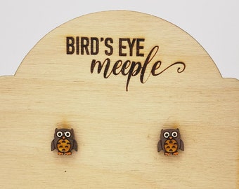 Hand Painted Owl Earrings Wood, Woodland Jewelry, Dainty Owl Jewelry, Wood Bird Studs, Bird Lover Gift, Small Bird Earrings