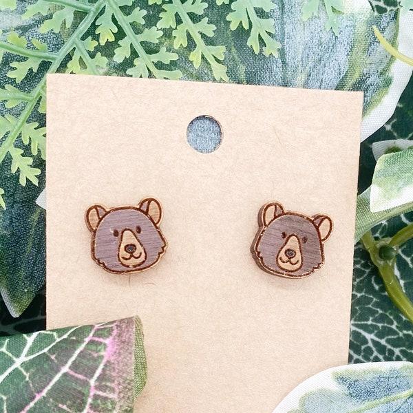 Wooden Bear Earrings, Painted Bear Earrings, Grizzly Bear Stud Earrings, Brown Bear Earrings, Cute Bear Earrings, Wood Bear Earrings