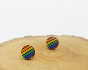 Wood Rainbow Earring, Cute Rainbow Striped Jewelry, Rainbow Earring Stud, Pride Gift for Women, Wood Rainbow Jewelry, Pride Earrings Stud