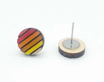 Red Orange Yellow Earrings for Summer, Red Ombre Earrings, Striped Wood Earring, Orange Stud Earrings, Bright Earrings for Women