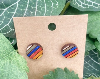 Red Blue Orange Earrings Studs Wood, Orange Blue Studs, Geometric Wood Earrings, Stripe Earrings, Orange and Blue Wood Earrings for Women