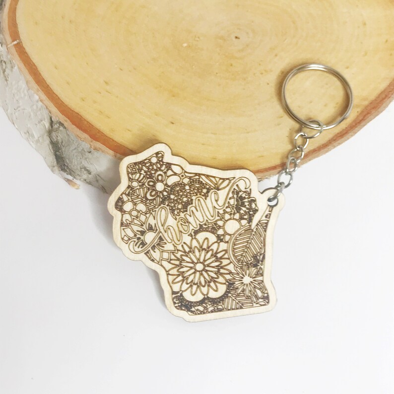 Wisconsin Home Key Chain Wisconsin Gift for Him Wisconsin Wood Keychain Wisconsin Theme Gifts WI Home Keychain