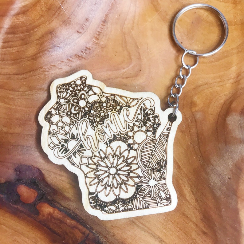 Wisconsin Home Key Chain Wisconsin Gift for Him Wisconsin Wood Keychain Wisconsin Theme Gifts WI Home Keychain