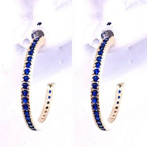 Dainty sapphire hoop earrings, yellow gold vermeil, eternity style, navy gemstones, for women