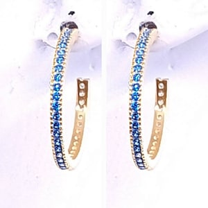 Dainty aquamarine hoop earrings, tiny blue gemstones, yellow gold vermeil, handmade jewelry, women, best gift idea