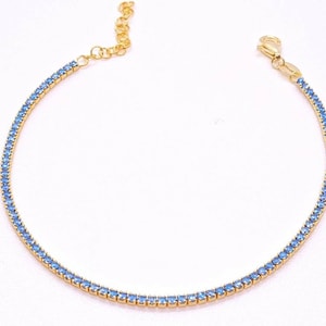 Handmade Aquamarine Tennis Bracelet: Yellow Gold Vermeil, Dainty Gemstone