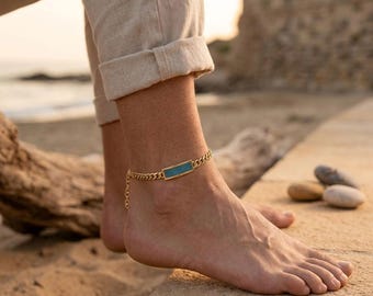 Men's Ankle Bracelet • All Genders Cuban Link Anklet • 925 Sterling Silver & 18k Gold Vermeil • Turquoise, Onyx, CZ • Summer Jewelry