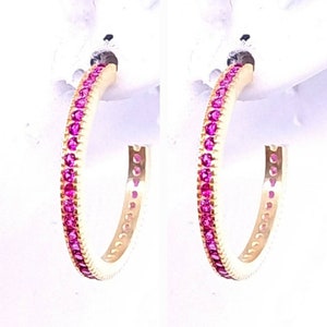 Dainty ruby hoop earrings, yellow gold vermeil, eternity style, tiny red round gemstones, handcrafted jewelry, for women.
