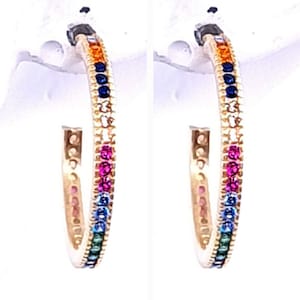 Dainty rainbow hoop earrings, yellow gold vermeil, colorful gemstones, handcrafted jewelry, for women.