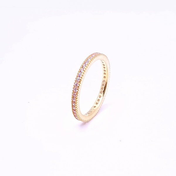 Rose quartz ring, dainty round cut pink gemstones, full eternity design, 18k yellow gold vermeil, handmade jewelry for women, stackable band