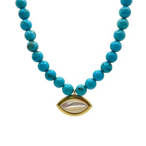 Mother of pearl necklace, turquoise gemstones, 18k yellow gold vermeil, jewelry for women and men, unisex, handmade gift, pendant.
