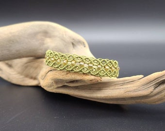 Green Micro Macrame Adjustable Bracelet with Yellow Glass Beads