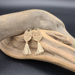 Beige Micro Macrame Earrings with Pink Glass Beads
