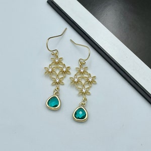 Mint Green Gold Flower Statement Earrings, Delicate Green Teardrop Earrings, Green Wedding Bridesmaid Earrings, Mint Green Earrings |ST2