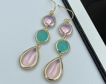Blush Pink and Mint Green Statement Earrings, Large Pink Teardrop Earrings, Long Dangle Earrings, Wedding Jewelry, Cocktail Earrings |6