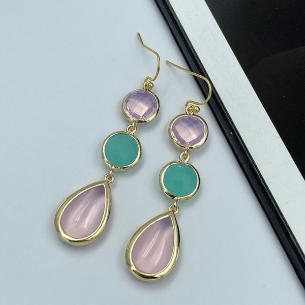 Pink and Mint Green Statement Earrings, Large Pink Teardrop Earrings, Glass Dangle Pink Earrings, Pink Wedding Earrings, Pink Earrings |6