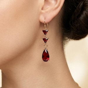 Romantic Ruby Red Dangle Earrings, Teardrop Birthstone Gift, Elegant Red Drop Earrings for Women, Bridesmaid Gift, Deep Red Crystal Earrings