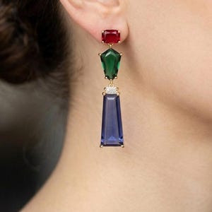Ruby Red, Emerald Green, Blue Crystal Statement Earrings