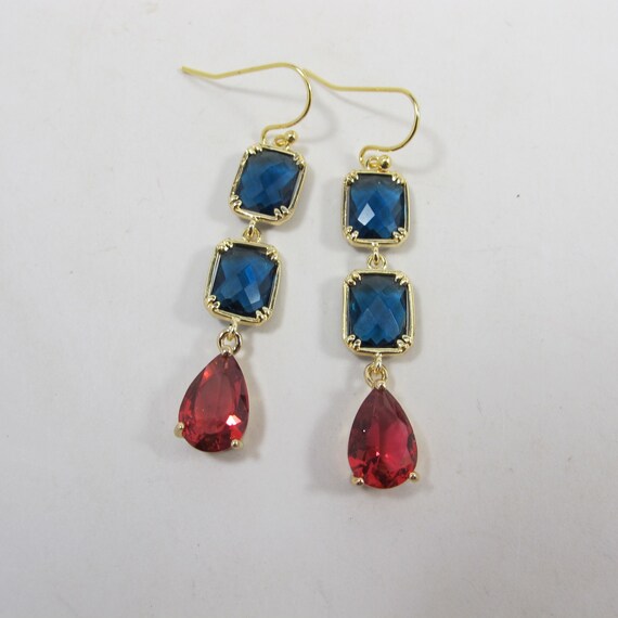 Ruby Red and Navy Blue Earrings Chandelier Earrings Navy Blue