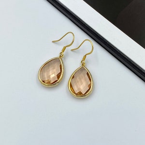 Champagne Gold Earrings, Rose Gold Earrings, Peach Bridesmaid Jewelry, Large Peach Teardrop Earrings, Crystal Earrings, Wedding Earrings|ST1