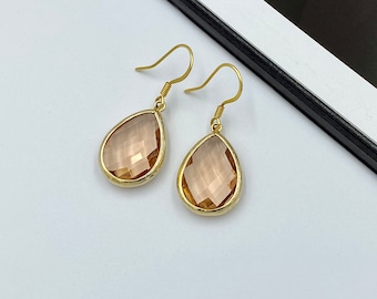 Champagne Gold Earrings, Rose Gold Earrings, Peach Bridesmaid Jewelry, Large Peach Teardrop Earrings, Crystal Earrings, Wedding Earrings|ST1