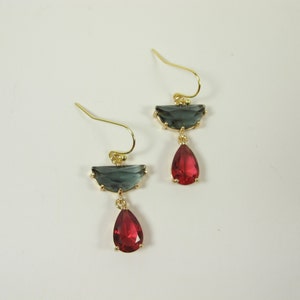 Charcoal Gray and Red Earrings, Charcoal Gray Teardrop Earrings, Ruby Red Earrings, Gray Dangle Earrings, Wedding Earrings, Red Earrings |3