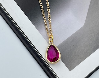 Fuchsia Pink Crystal Charm Necklace, Pink Teardrop Pendant Necklace, Pink Charm Necklace Gold Layering Necklace, Pink Teardrop Charm | 8