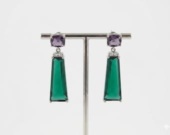 Emerald Green and perple amethyst Stud  Earrings, Statement green studs, Green and amethyst crystal jewelry, wedding jewelry, gift mom|box 5