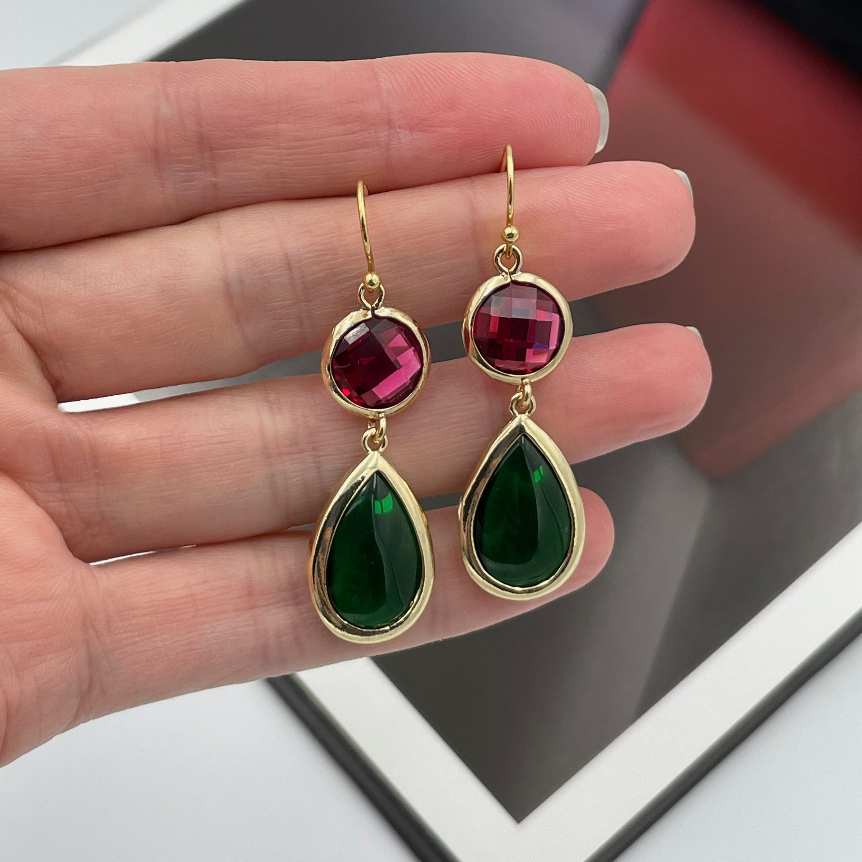Ruby Red and Emerald Green Crystal Drop Earrings, Gold Plated